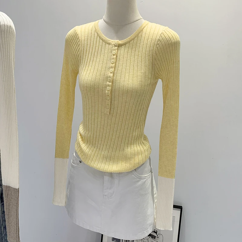 【部分现】百搭日常半开领门禁纽扣撞色长袖针织衫M744