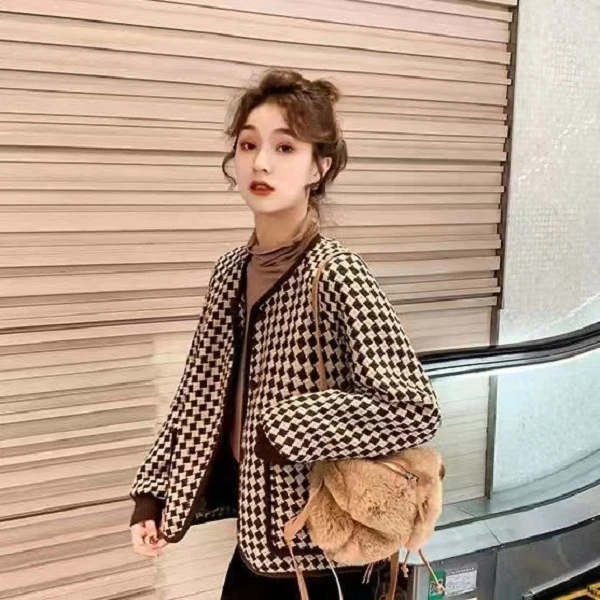 时尚小香风圆领千鸟格短外套女2024春秋新款高端洋气百搭长袖上衣