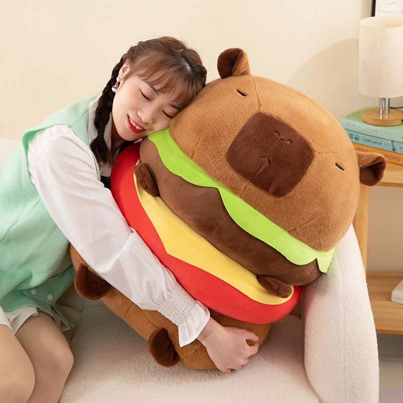 汉堡水豚毛绒玩具玩偶公仔卡皮巴拉高颜值豚鼠抱着睡觉的抱枕礼物