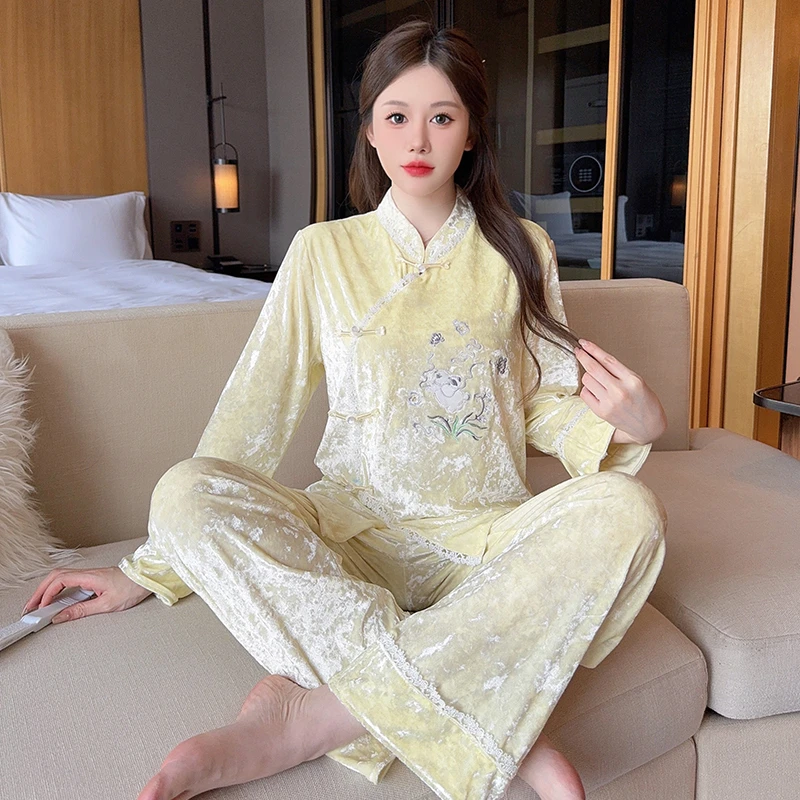 睡衣女网红金丝绒长袖高级感爆款2024年新款冬季可外穿家居服薄绒
