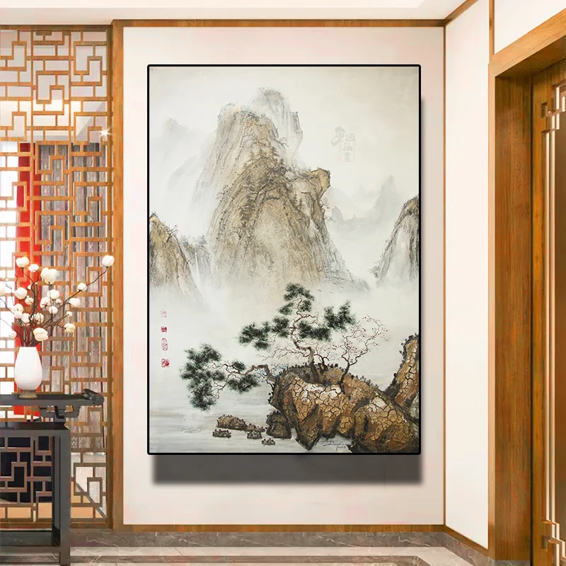手绘风景油画新中式客厅现代沙发背景墙壁画山水挂画设计艺术风景