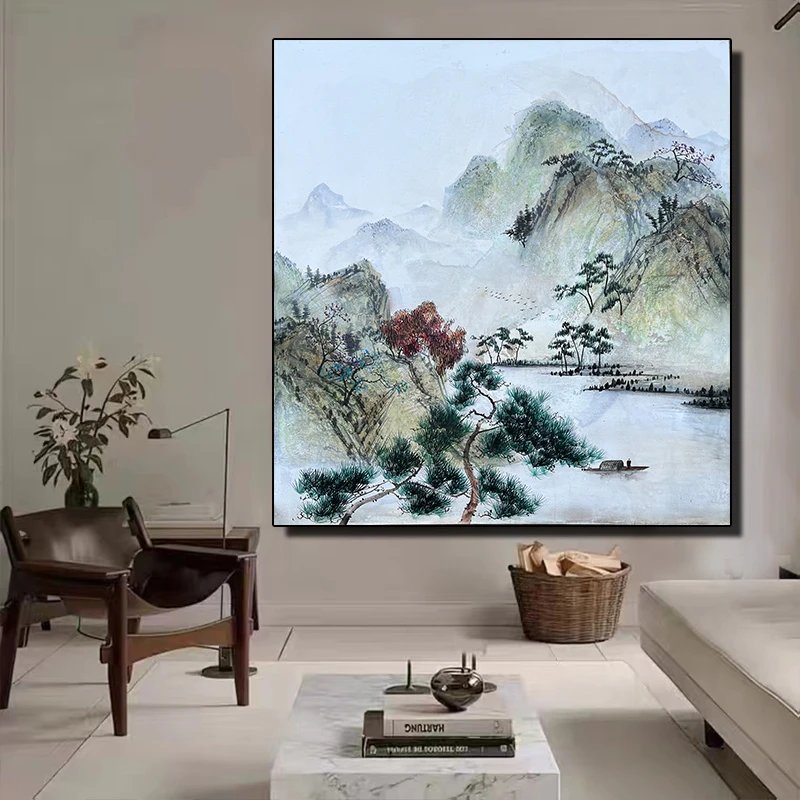 纯手绘油画现代新中式走廊挂画