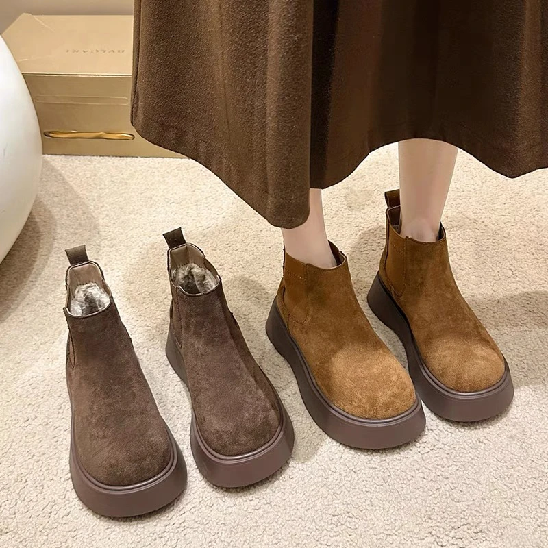 【SiSi】新疆包邮英伦风厚底加绒2024冬季新款大头切尔西勃肯短靴