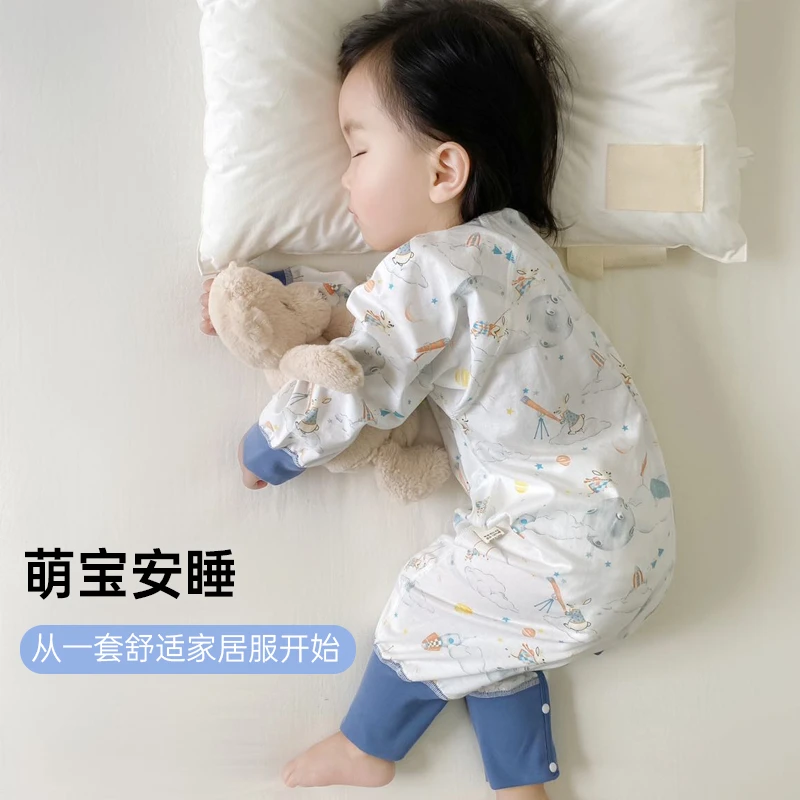 婴儿睡衣薄款早秋纯棉男宝宝长袖分腿睡袋儿童防踢被春夏连体哈衣