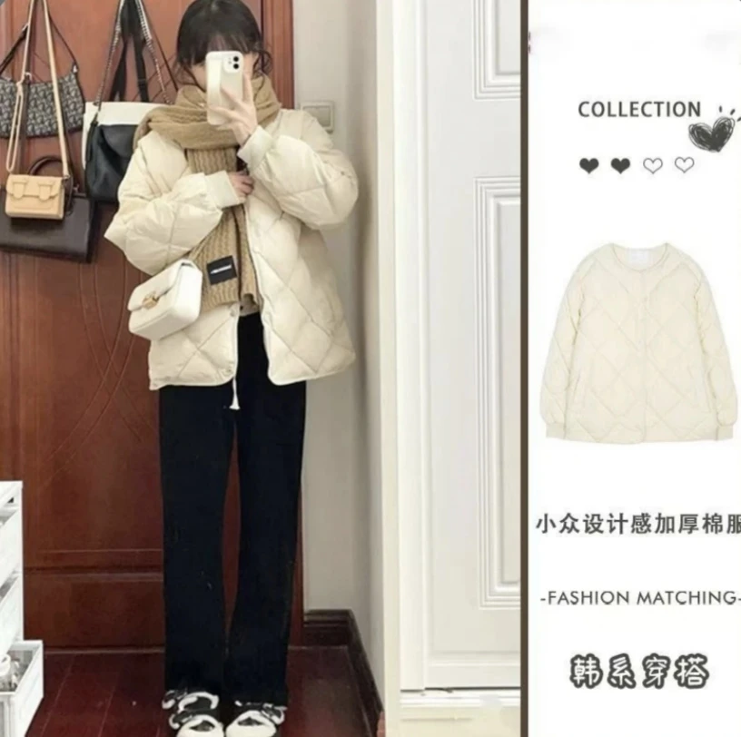 棉服女2023款装短款菱格ins无领香风轻薄冬季小棉袄外套