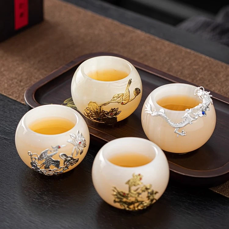 高档玉石主人杯金镶玉手工单杯品茗杯茶盏茶杯龙凤家用茶具礼盒装