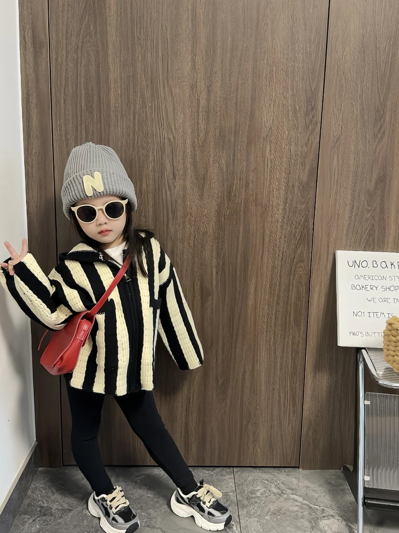 【熙熙TY】韩国童装2025春季新款毛衣开衫儿童宽松竖条纹针织衫外套