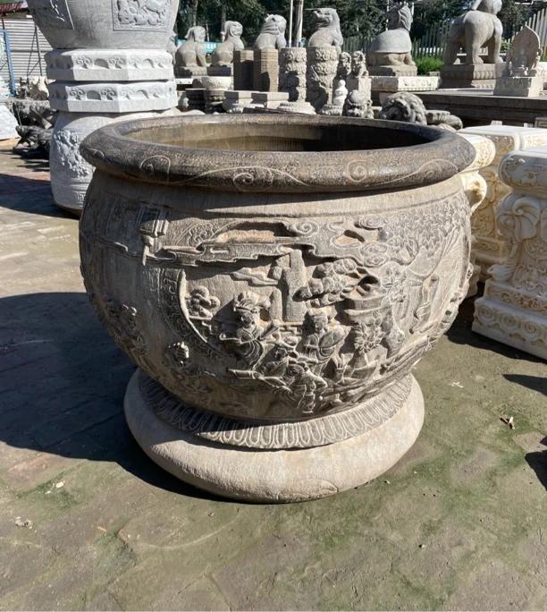 百子图石缸，门海，青石，直径1米高80厘米