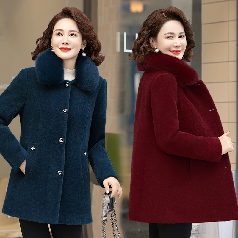 新款妈妈冬装加绒加厚毛呢大衣中老年人女阔太太中长款水貂绒外套