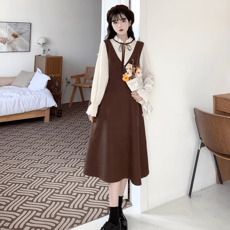 Y2776学院风假两件时尚木耳边荷叶袖拼接背带大码连衣裙2023新款