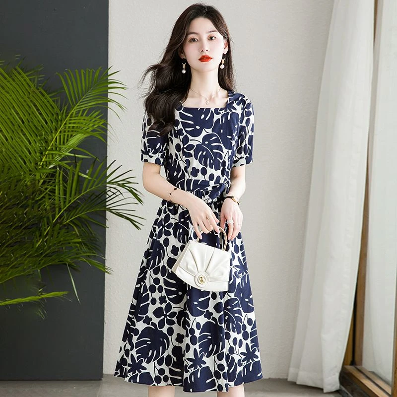 A1087#韩版优雅碎花裙2025新款时尚洋气遮肉显瘦中长款蓝色连衣裙