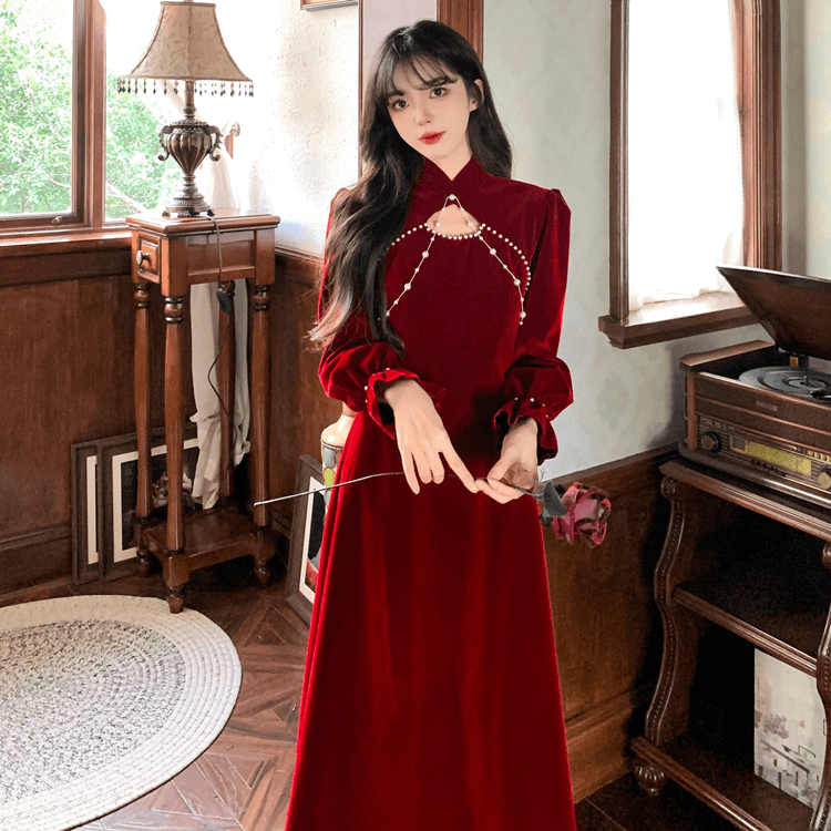 Y2771新中式改良新娘敬酒服秋冬订婚晚礼服裙高级感红色丝绒长裙