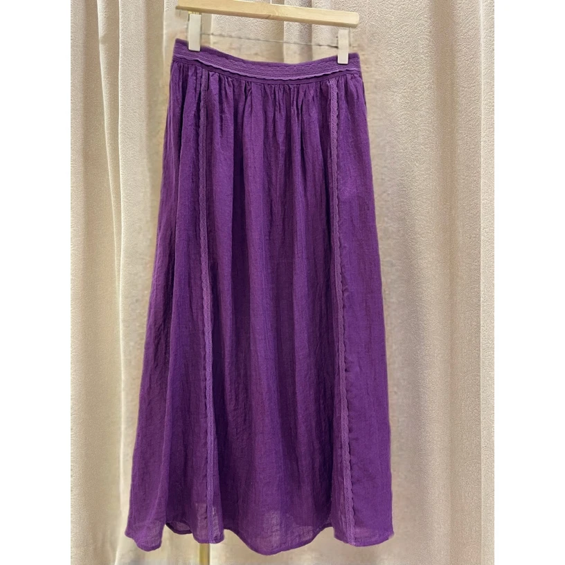 高定色织纯亚麻松紧腰蕾丝显瘦百搭气质半身裙