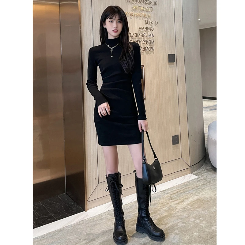 黑色德绒打底连衣裙女秋冬季中长款收腰修身显瘦气质内搭包臀裙子