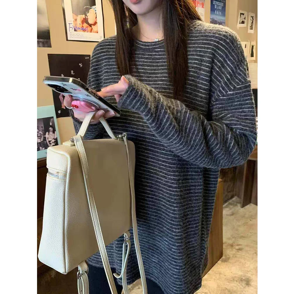 欧货撞色条纹长袖t恤女卫衣秋冬宽松软糯加厚磨毛内搭打底衫上衣