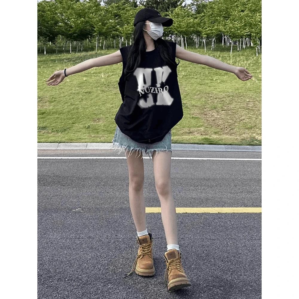 美式复古黑色吊带背心女内搭夏季新款学生运动休闲无袖T恤女上衣