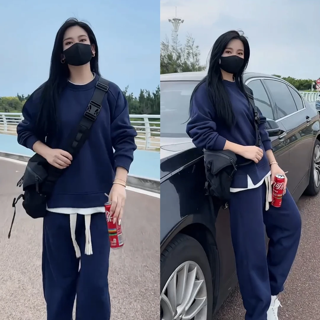 男士秋季宽松运动套装情侣纯色假两件圆领休闲百搭卫衣卫裤两件套