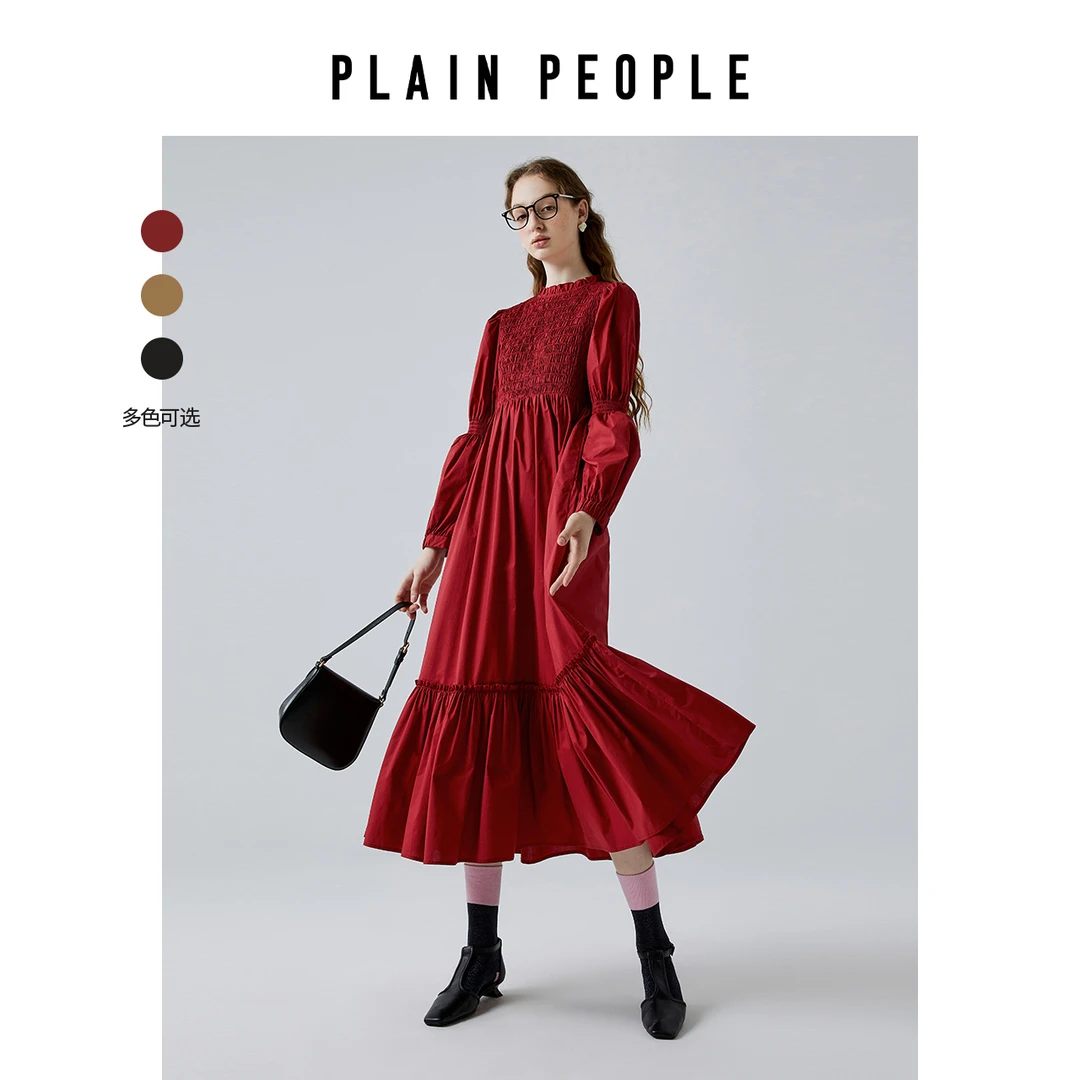 PLAIN PEOPLE法式复古荷叶边泡泡袖打揽女连衣裙25秋UD0103A32