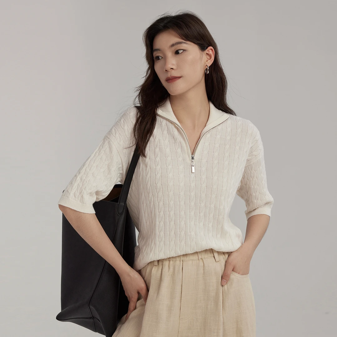 时髦老钱风 I00精纺美利奴羊毛绞花拉链立领针织中袖