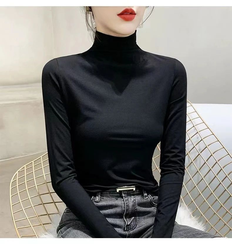 2024百搭新款保暖半高领长袖打底衫女修身显瘦薄款上衣面膜t恤