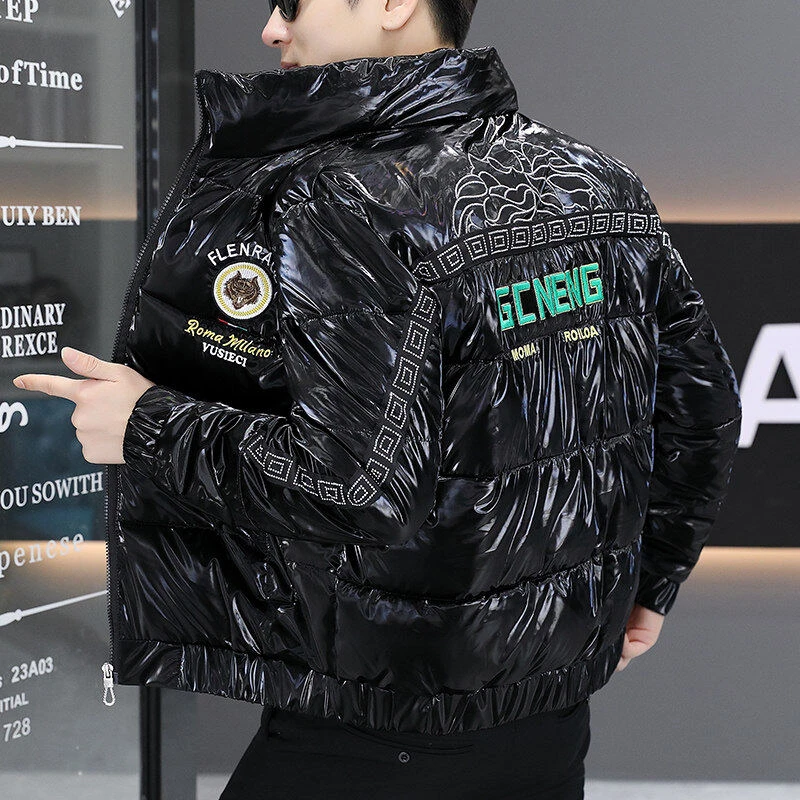 欧洲站男士2024冬季新款时尚轻奢加厚保暖修身立领百搭亮面棉服棉