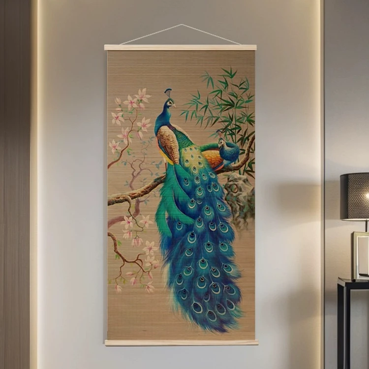 中式复古高档竹编挂画客厅玄关茶室竹丝孔雀图装饰画环保印花竹帘