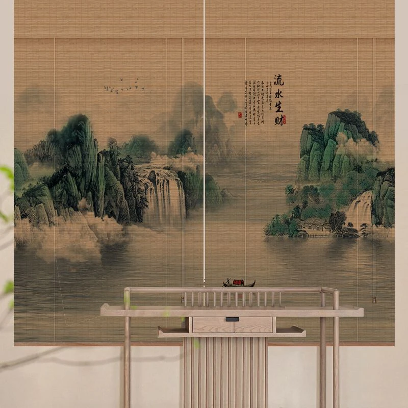 竹帘卷帘窗帘门帘隔断屏风印画帘子卷拉式古风装饰挂帘茶室窗帘