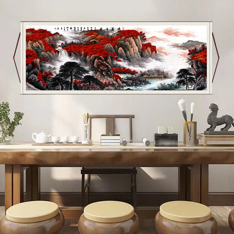 丈二《鸿运千秋》 大气背景墙横幅挂画国风山水艺术靠山图装饰画F5