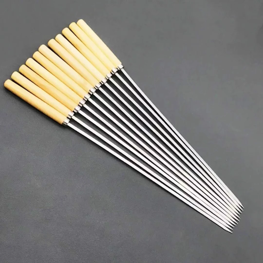 不锈钢木柄扁签户外烧烤针羊肉串配件工具用品烤肉签子钢签铁签