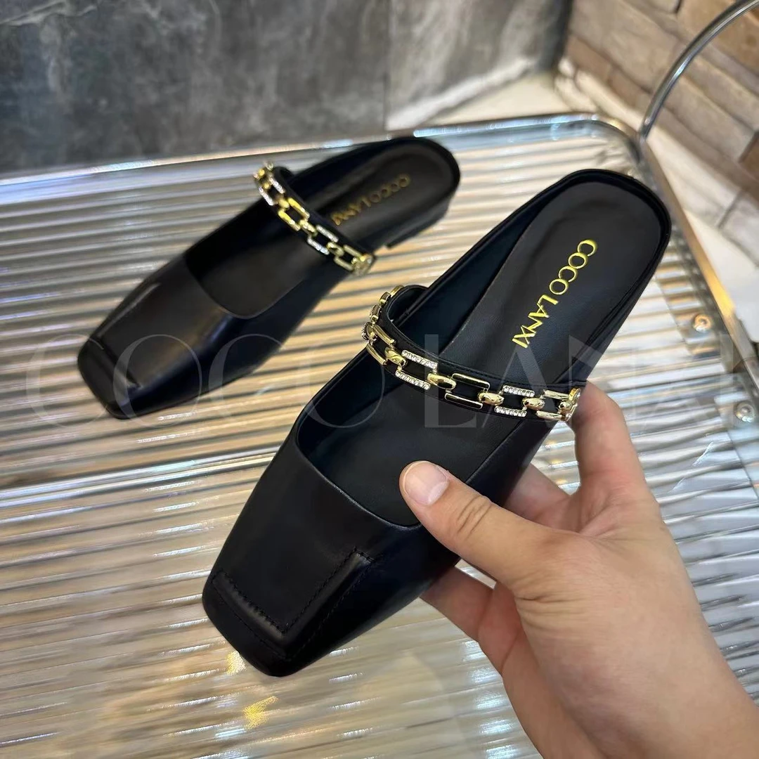 【若辰】时尚休闲夏季黑色春夏平底方头气质法式拖鞋24TX281LX