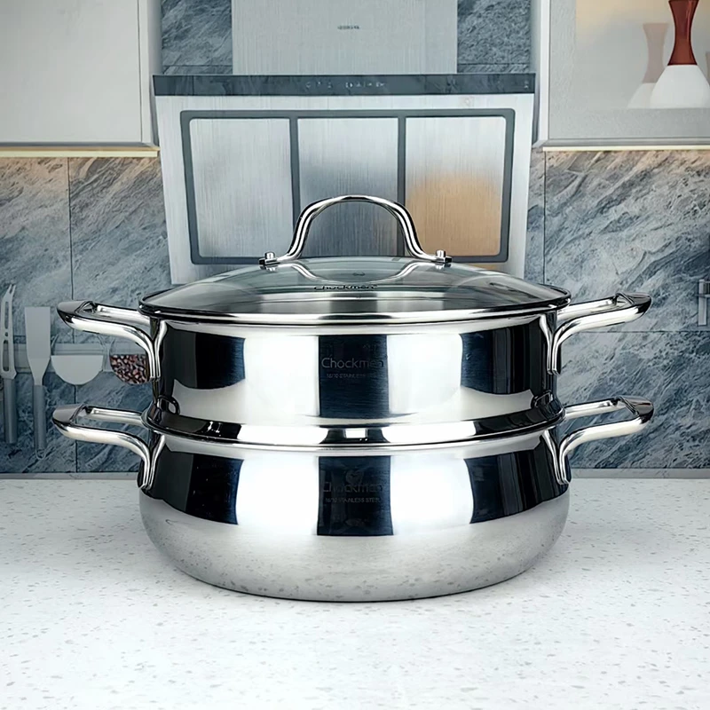 chockmen304不锈钢火锅蒸锅一体三层钢汤锅蒸锅电磁炉煤气炉通用
