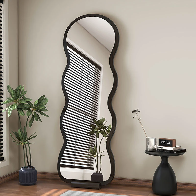 网红波浪实木镜家用落地镜高颜值异行防摔镜子全身镜全身镜落地式