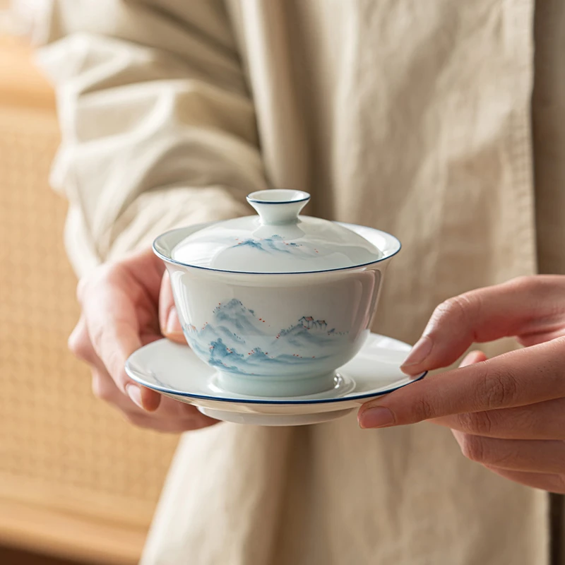 釉下彩手绘 远山三才盖碗 泡茶用陶瓷茶具 薄胎专业容量120ml茶碗