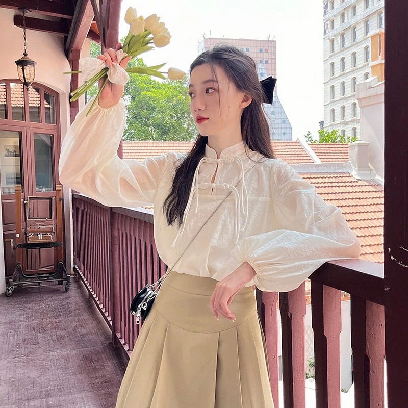 【张兰专享】新中式国风盘扣棉衬衫国风立领灯笼袖百搭黑色衬衫