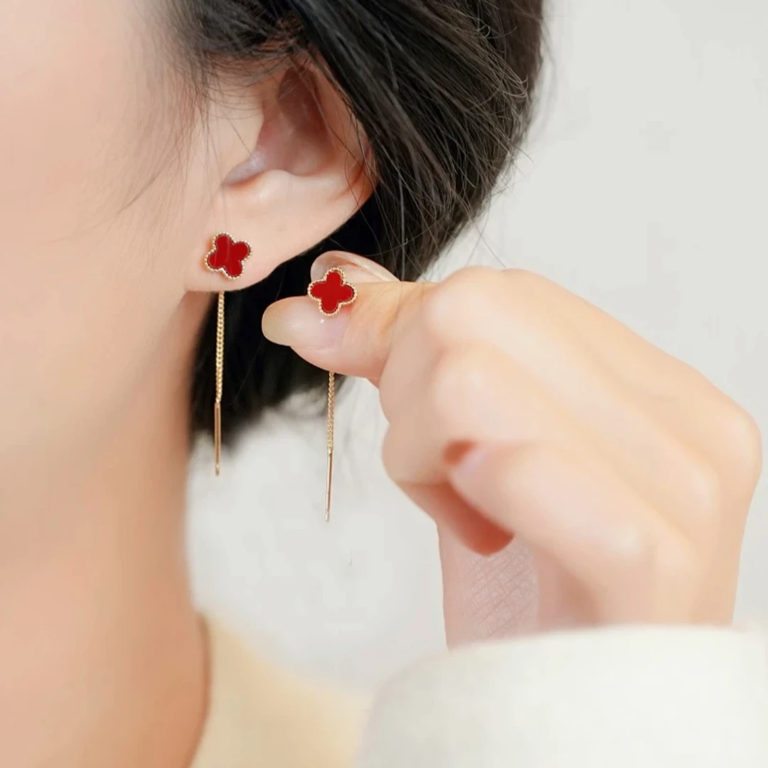 925银针耳饰 轻奢时尚红色四叶草耳线女流苏长款不掉色