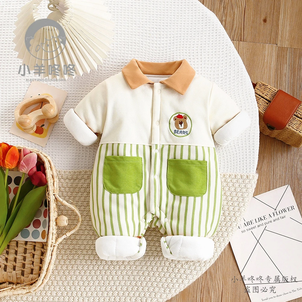 【棉服】秋冬季新款吹泡小熊卡通翻领条纹双兜婴儿宝宝衣服童装