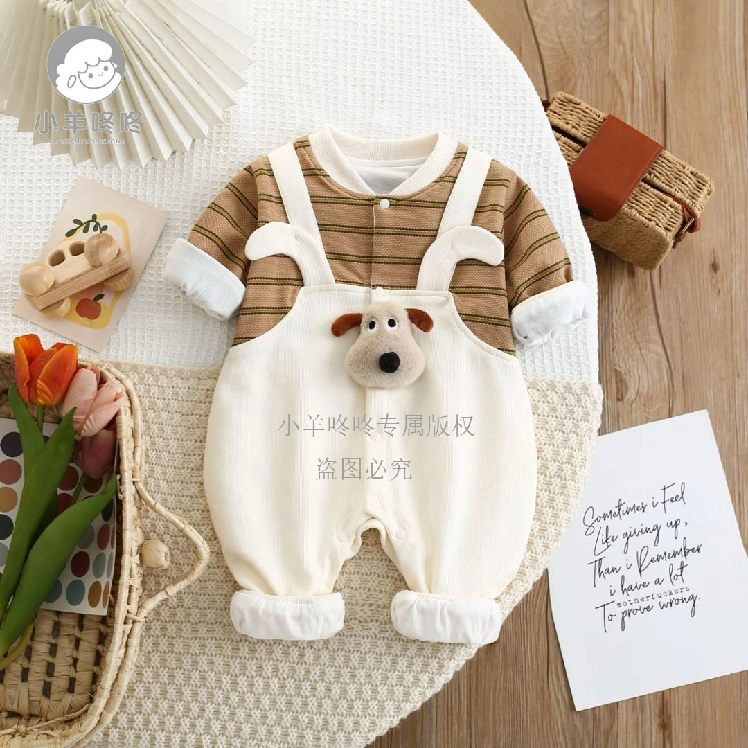 春秋季新款婴幼儿男女宝假背带条纹立体憨厚呆萌狗可爱连体衣