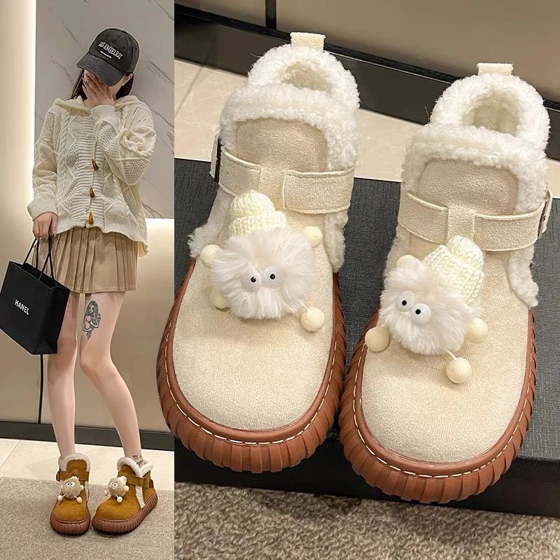 【小粥自留】可爱毛球雪地靴女2023冬季新款厚底加绒防滑保暖棉鞋