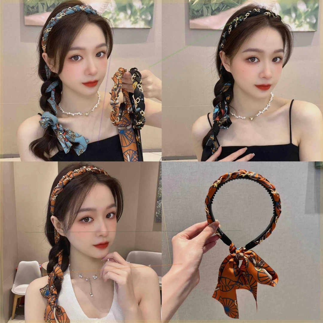 复古链条发箍宫廷缎面布艺发卡发带女丝巾飘带绑发一体系头箍