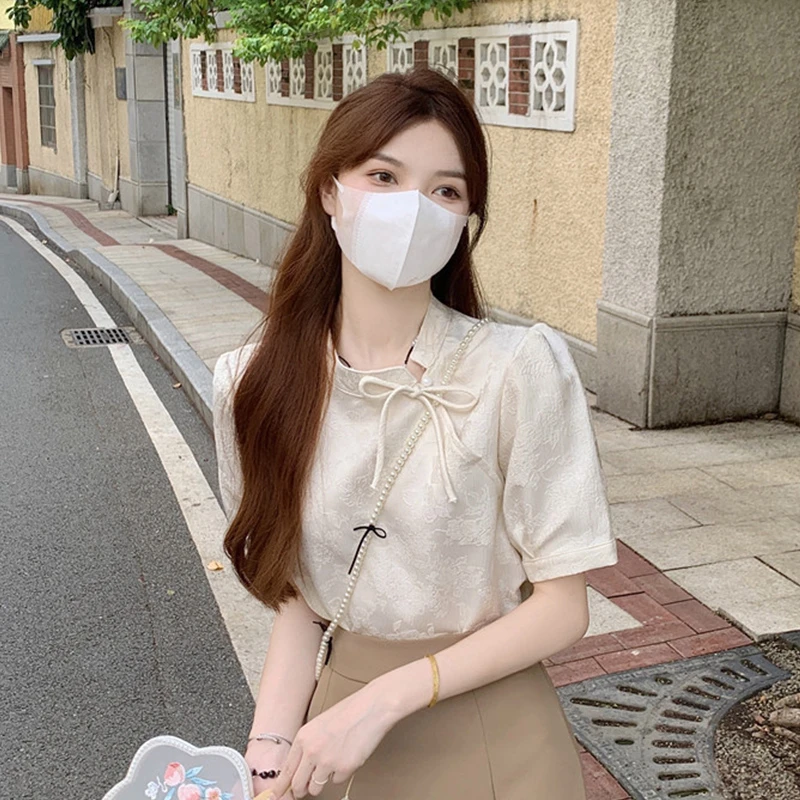 新中式洋气短袖雪纺衬衫女2024夏季新款复古风气质立领盘扣上衣潮