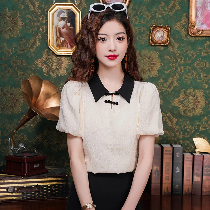 撞色翻领新中式短袖雪纺衫女夏季新款中国风气质漂亮小衫百搭上衣