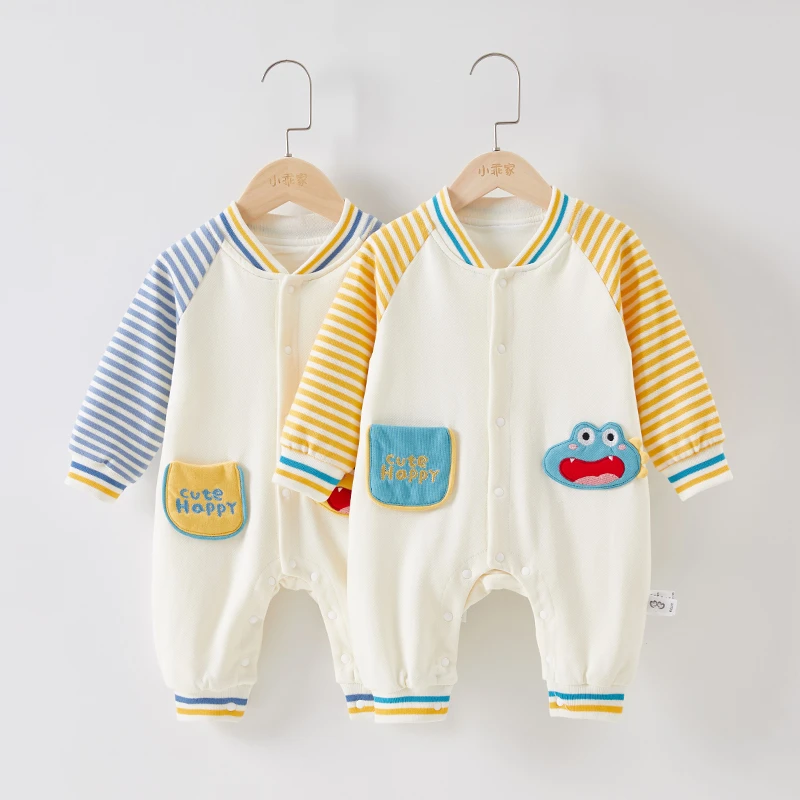 (小乖家）新款春款条纹袖子恐龙哈衣婴幼儿爬服66-90码MU31005