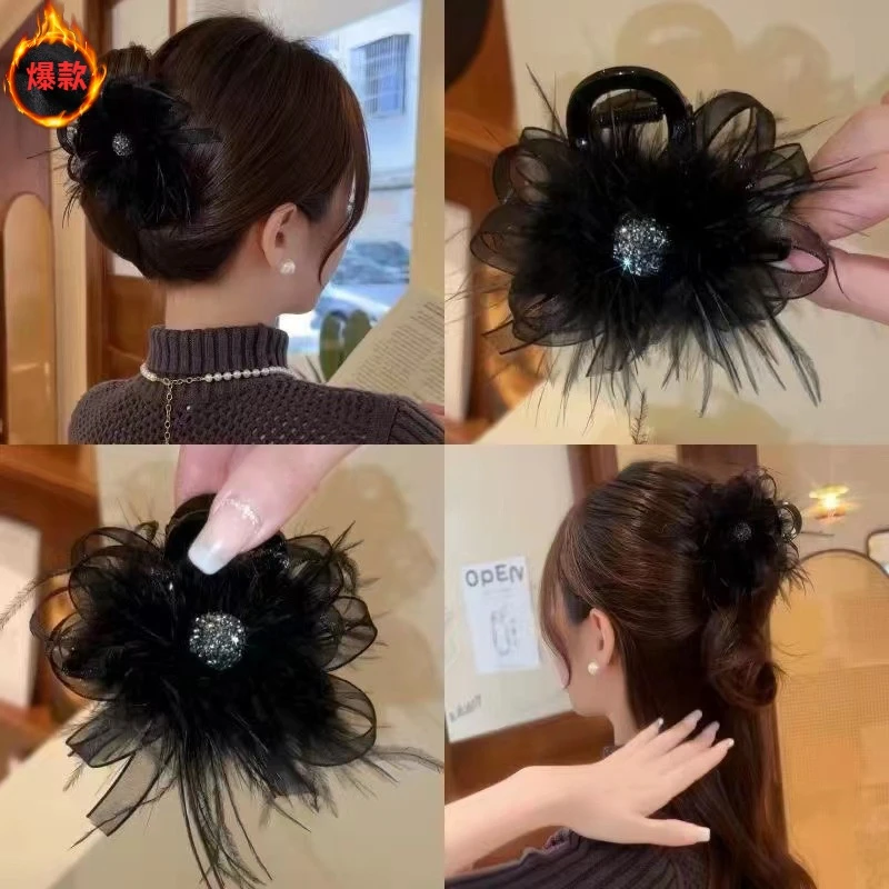 妍媛高级感气质轻奢时尚韩系浪漫毛毛抓夹高颜值网纱抓夹头花发夹