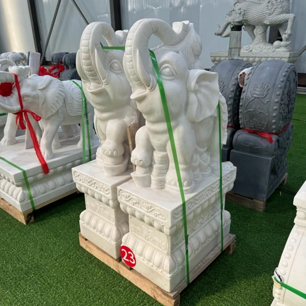 石雕门墩抱鼓石一对石鼓大象天然汉白玉别墅门口家用招财摆件