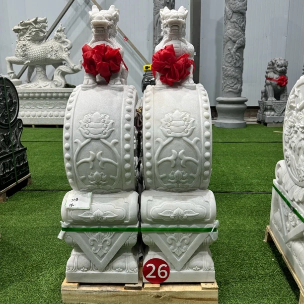 石雕门墩天然汉白玉抱鼓石一对家用，貔貅麒麟，狮子摆件