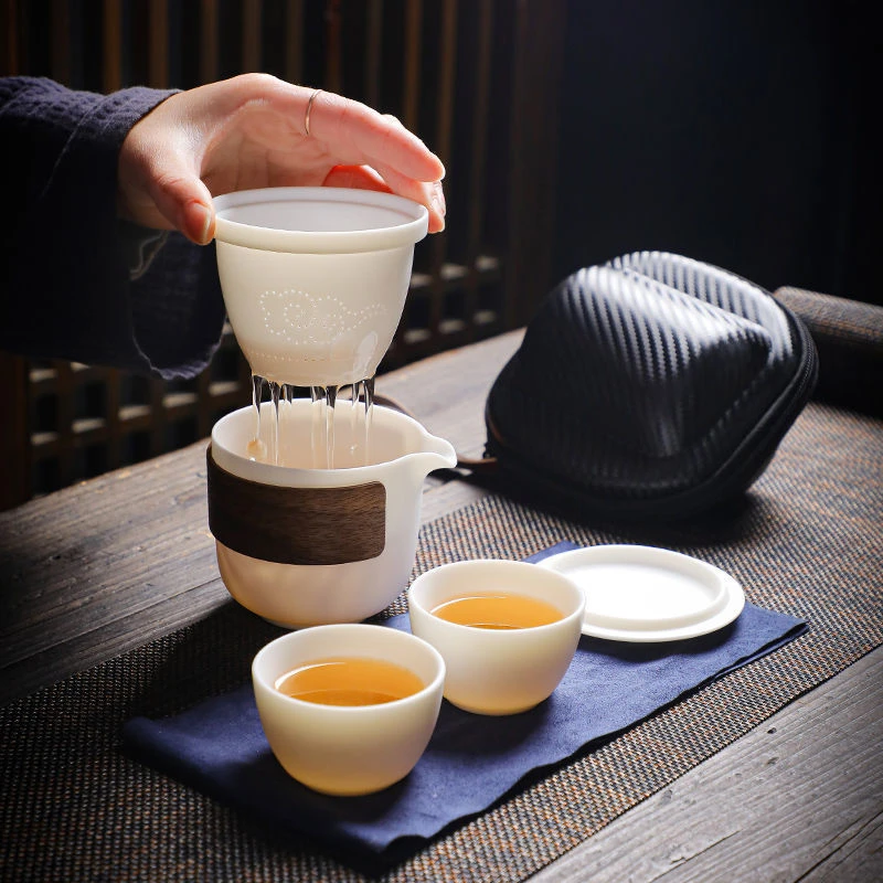 羊脂玉白瓷快客杯旅行茶具小巧便携户外露营过滤一壶二杯便携式