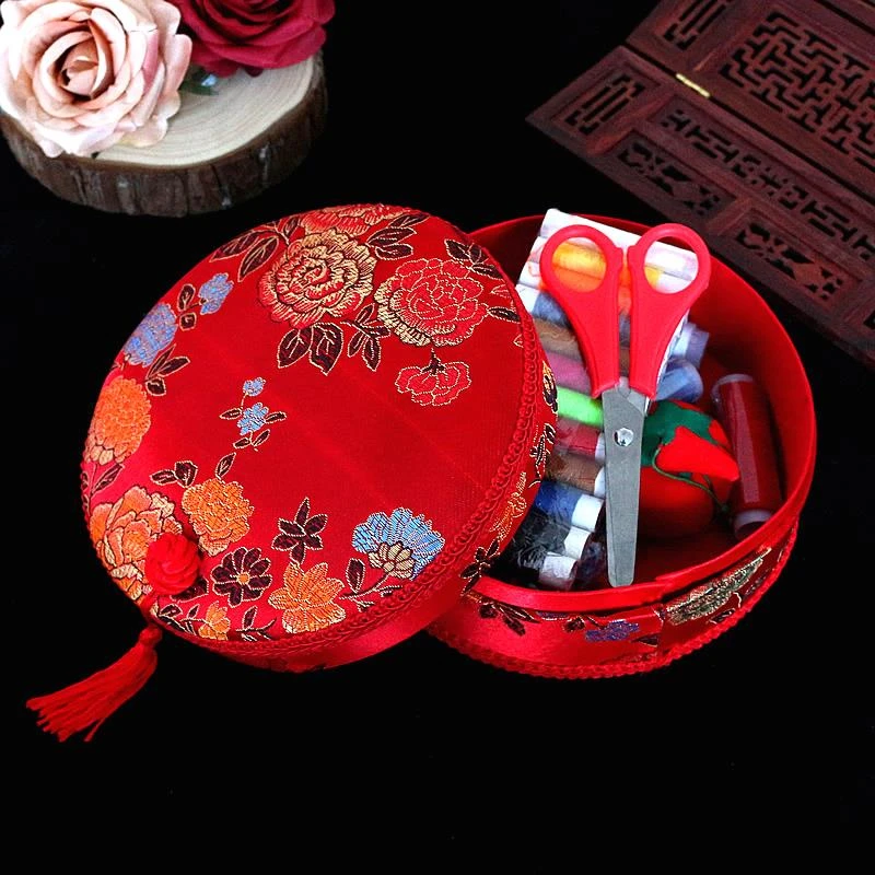 结婚针线盒套装高档锦缎红色新娘嫁妆陪嫁中式闺蜜礼物家用针线包