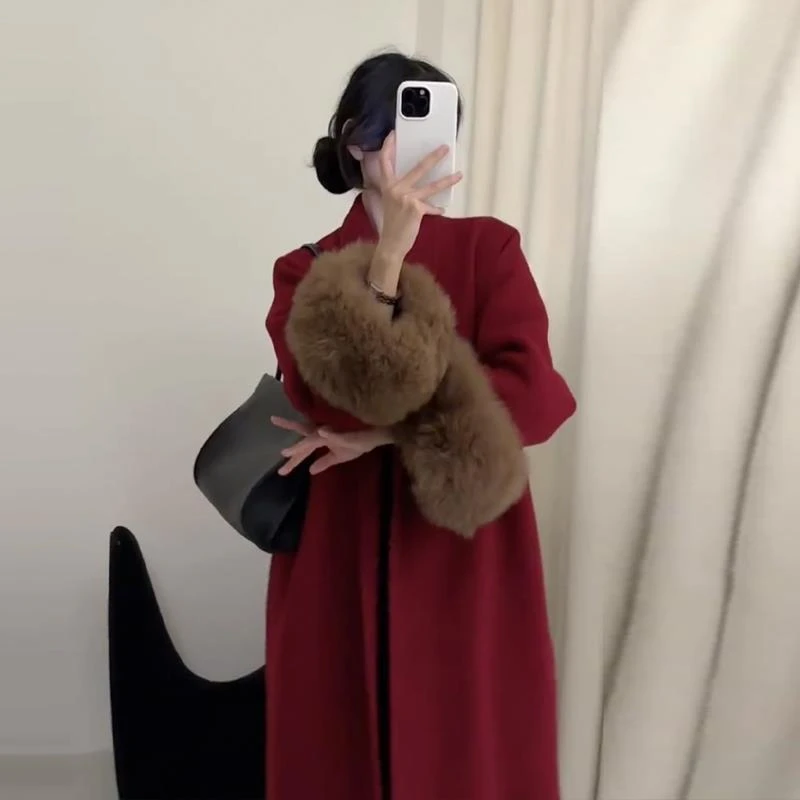 小个子富家千金感红色呢子大衣女秋冬新款宽松气质中长款毛呢外套