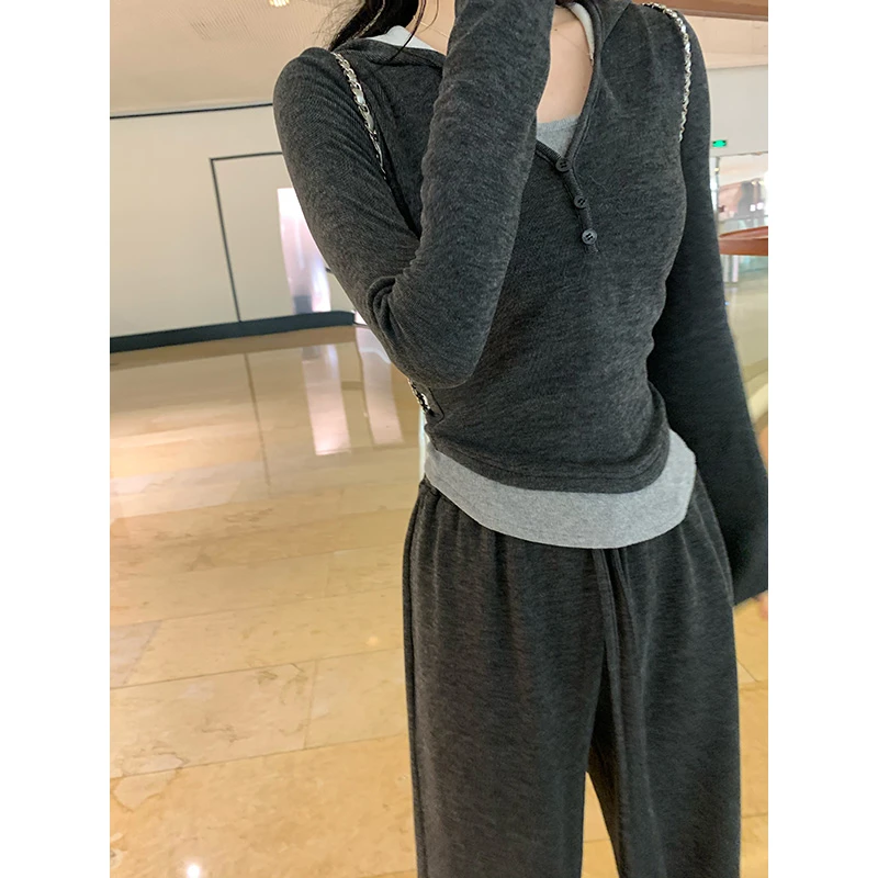 王少女的店 黑灰色修身连帽针织衫时尚显瘦休闲裤套装 S13368S34