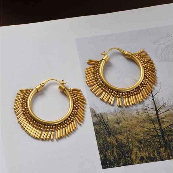 黄铜耳饰 法式灵动流苏圆圈耳环女欧美轻奢小众设计哑光复古耳圈